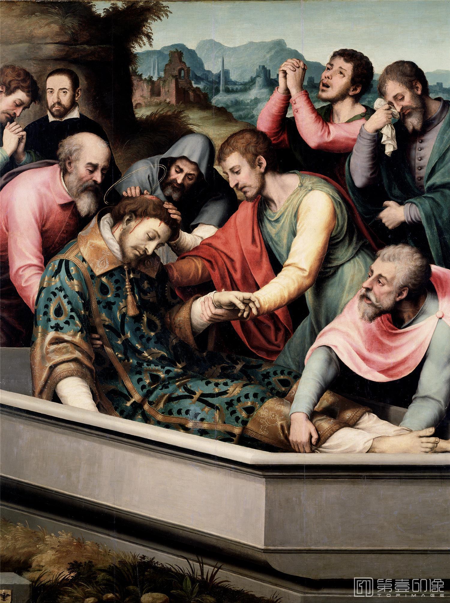 油画-西班牙普拉多美术馆油画藏画-Juanes, Juan de-Entierro de San Esteban-160cm x 123cm-1456